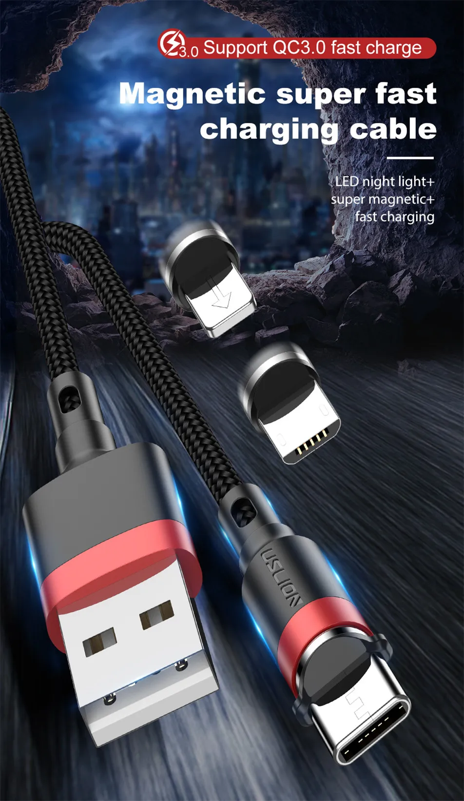 USLION светодиодный магнитный кабель Micro usb type C для iPhone Lighting Cable 2M 3A провод для быстрого заряда type-C Магнитный зарядный кабель для телефона