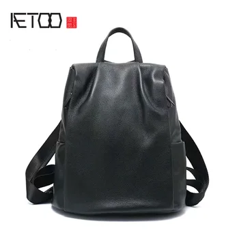 

AETOO Head leather shoulder bag, ruffled college style retro backpack, casual simplicity multi-layer student backpack