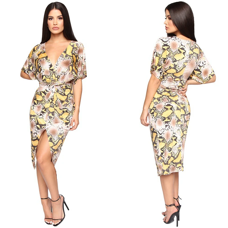 Сексуальное змеиное платье с коротким рукавом летнее женское приталенное