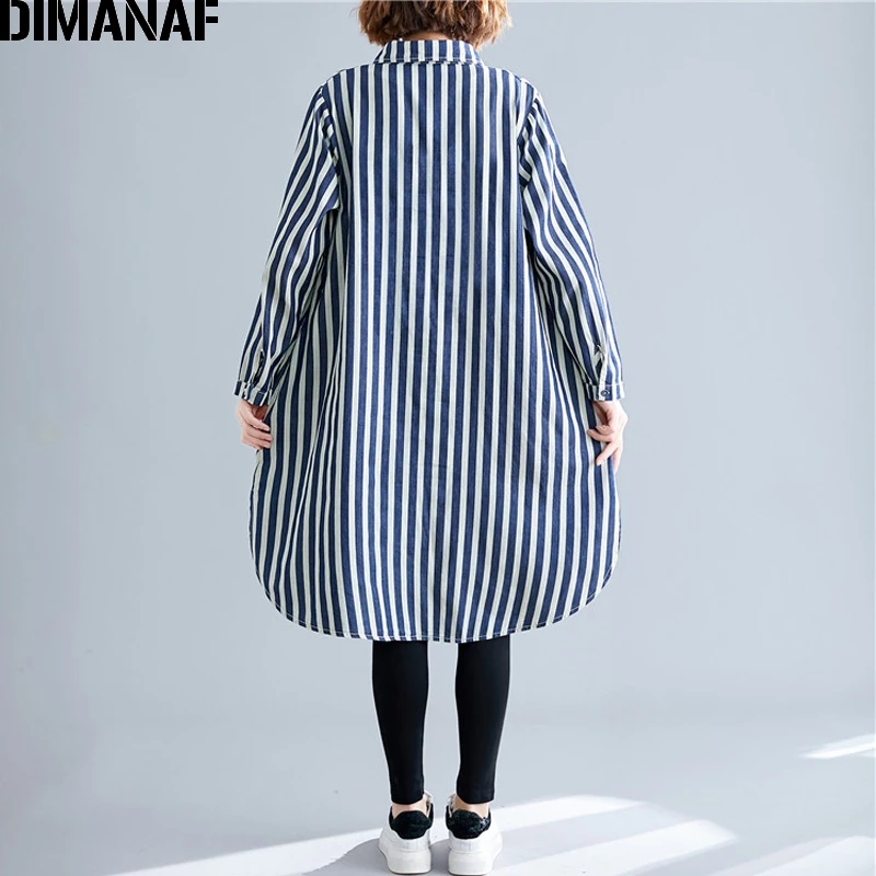 DIMANAF размера плюс, женская блузка, рубашка, Женские топы с длинным рукавом, свободная повседневная женская одежда, в полоску, деним, пэчворк, на пуговицах, кардиган