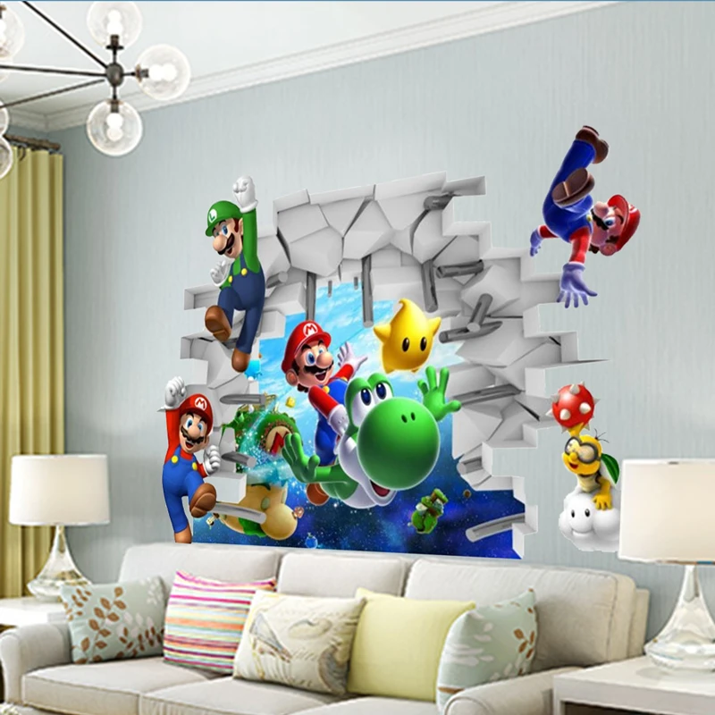 Super Mario Bros 3D view Cartoon Kids Room Wall Stickers Nursery Boy Bedroom accessories Living Room Mural Art Home Decoration