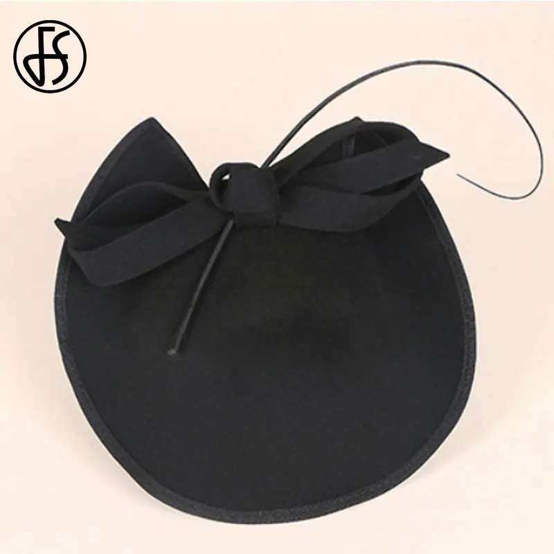 Женская винтажная фетровая шляпка-«таблетка» FS, шляпка из шерсти, для церкви или торжественных случаев, черного цвета, демисезонная