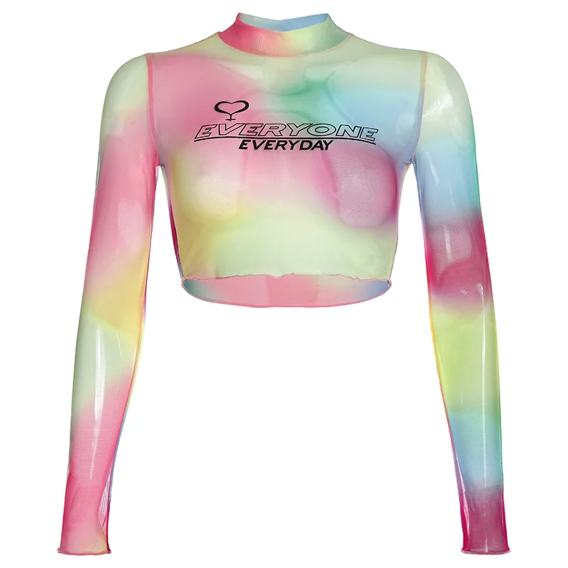 Multicolor Радужный сетчатый топ, женские сексуальные прозрачные Клубные футболки с длинными рукавами, женские милые топы с надписью, 90 s, уличная летняя одежда - Цвет: Multicolor