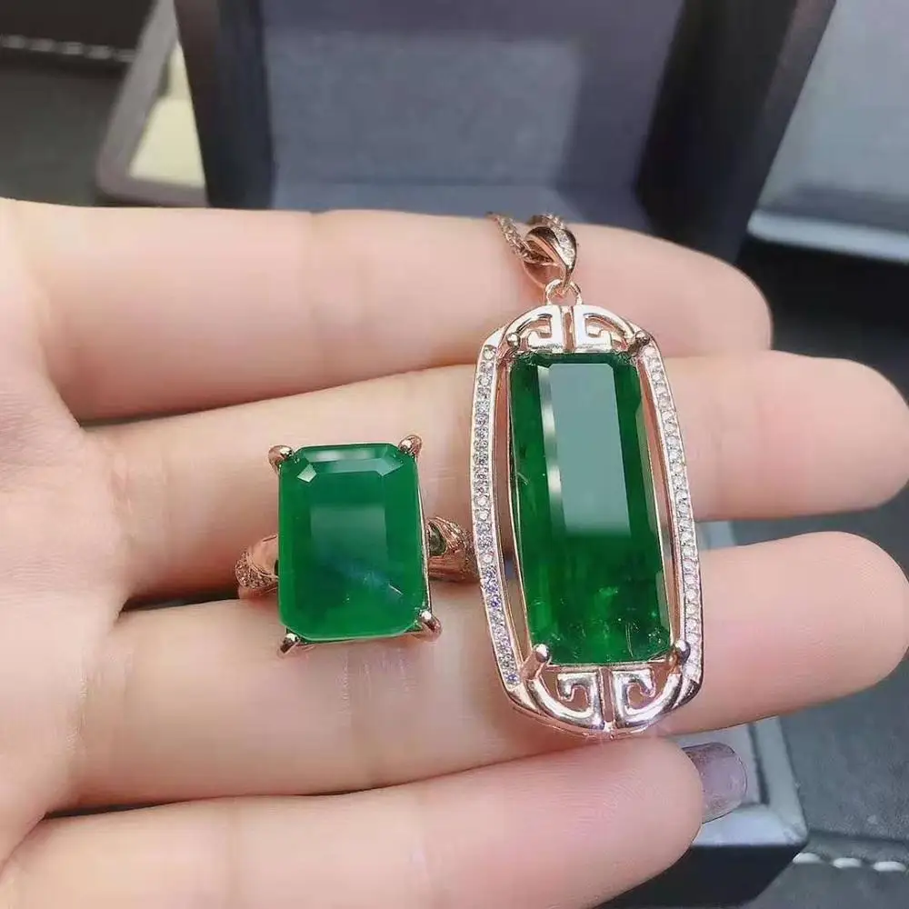 Set Натуральный изумруд S925 серьги кулон, роскошный и модный для женщин - Цвет камня: Set