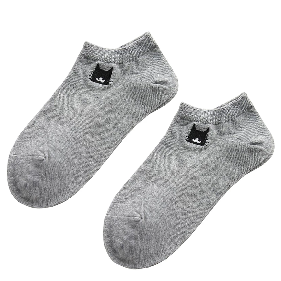 Embroidered Cat Boat Socks Spring Summer Warm Comfortable Breathable Wild Cotton Skin-friendly Women Socks - Color: Gray