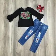 Осень-зима, рождественские джинсы для маленьких девочек с изображением Иисуса Креста детская одежда Изысканные клетчатые штаны с леопардовым принтом, комплект одежды с бантом