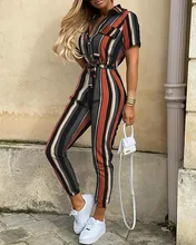 

Elegant Lace-upJumpsuit Women Summer 2020 Deep V Neck Button Shirt Overalls Short Sleeve Office Lady One Piece Romper Belt