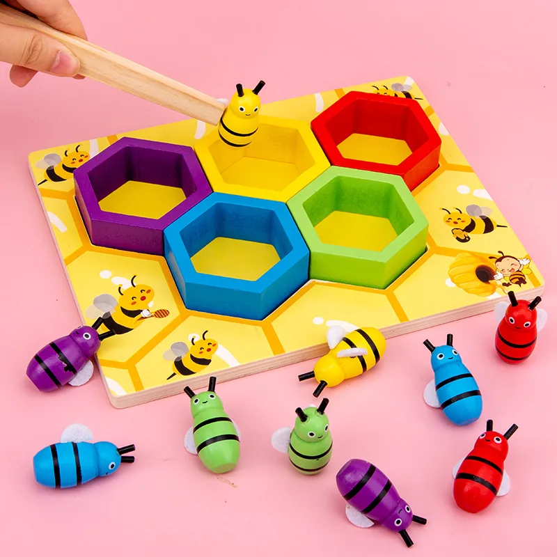 Toys Bee-Toy Educatinal Beehive-Game Childhood-Color Small Cognitive-Clip Leaning Wooden