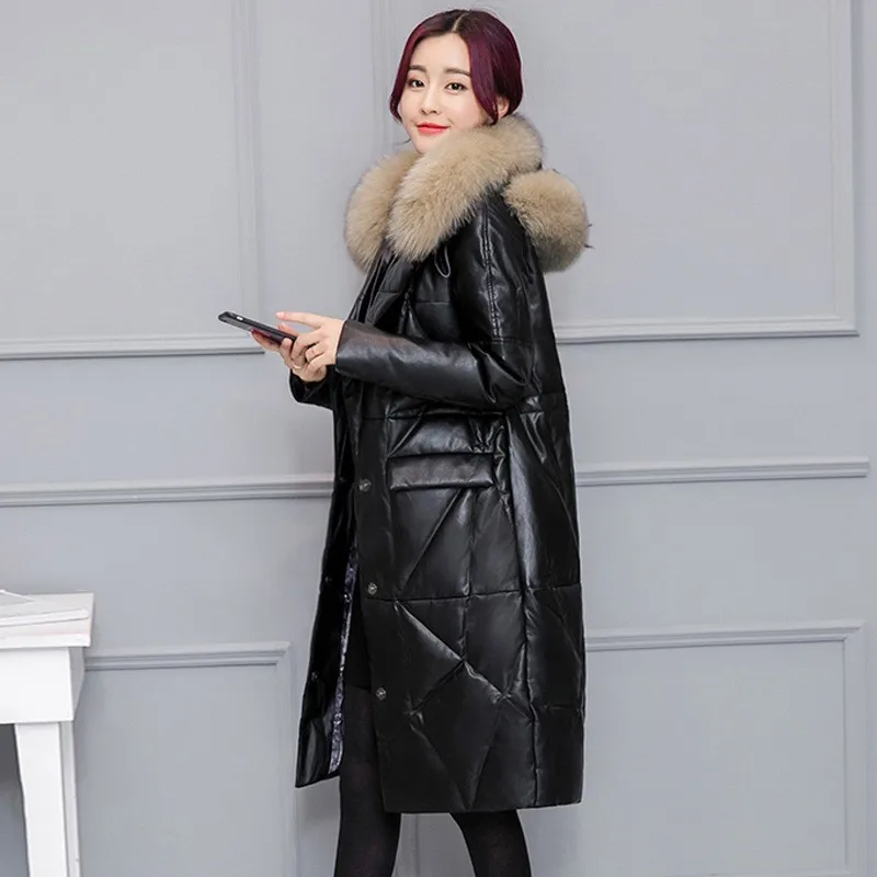 

Womens Leather Jacket Faux Fox Fur Collar Fashion Female Outerwear Ladies Winter Thick Warm Hooded PU Leather Jackets Clothes