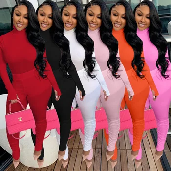 

Knitted Women Set Two Pieces Set Tracksuit Long Sleeve Sweater Tops Stacked Jogger Sweatpant Suit Outfit Matching Set