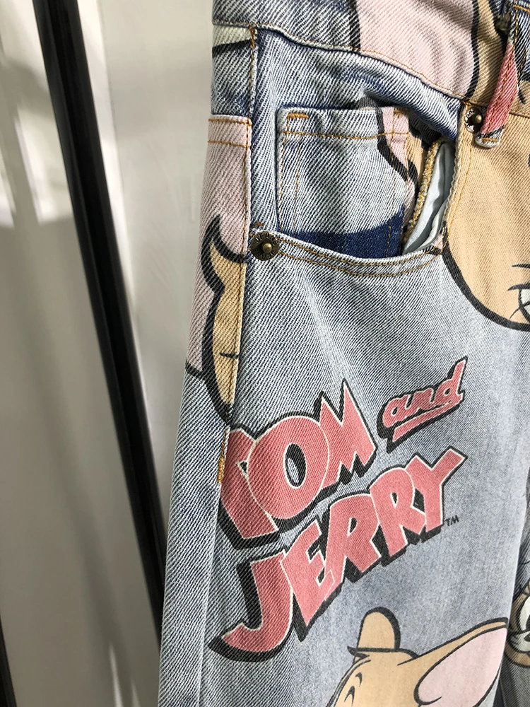 FREE SHIPPING Korean Jeans Cat And Mouse Print JKP4382