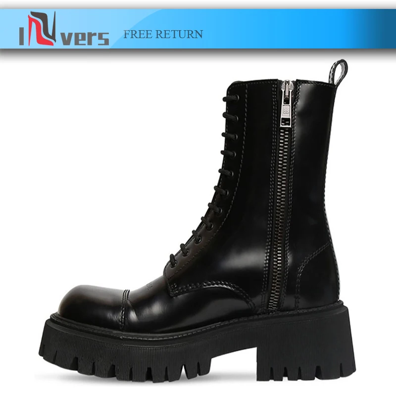 

2020 Luxury Brand Designer Chunky Motorcycle Boots For Women Zipper & In Side Lace-Up Mid-Calf Square Mid Heels Boots Femal