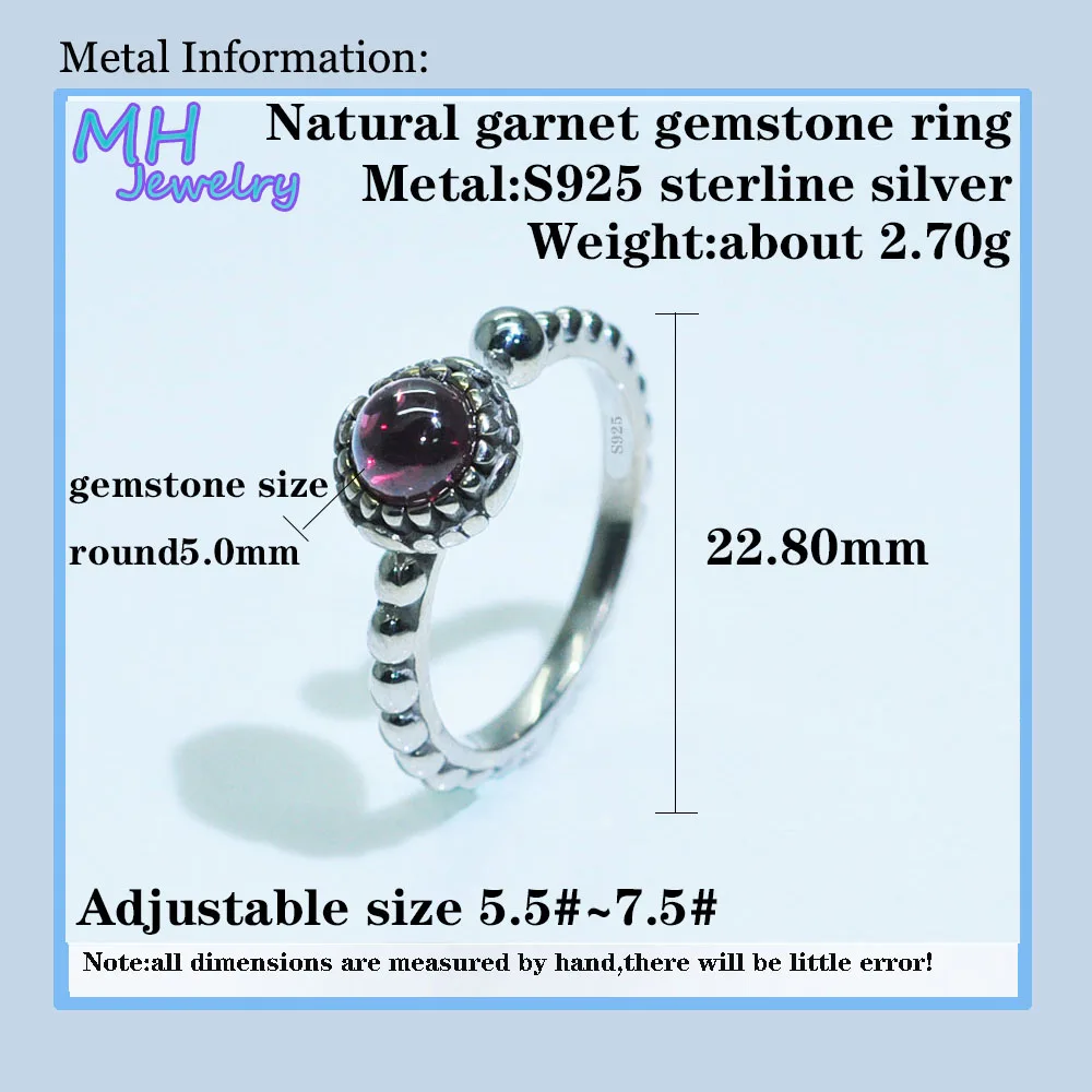 

MH Natural red garnet Round 5.0 mm gemstone Retro adjustable ring 925 Sterling Silver Fine Jewelry party birthday women's Gift