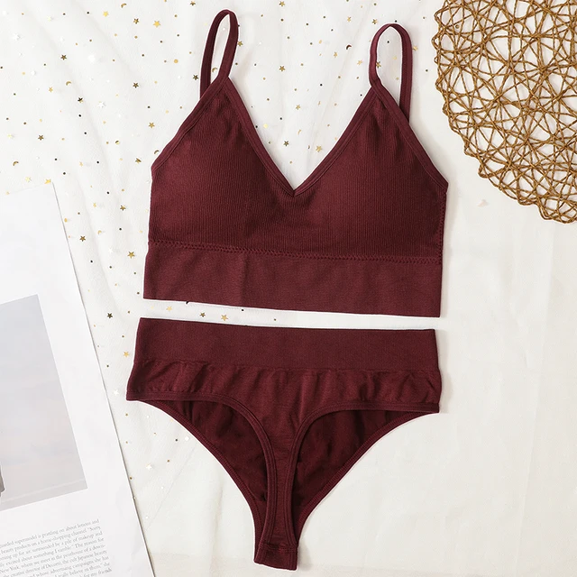 Women Bra And Panties Set Sports Bra Set Sexy G-String Seamless Bra Thong Sexy Lingerie Set Fitness Crop Top Underwear Intimates thong-wine