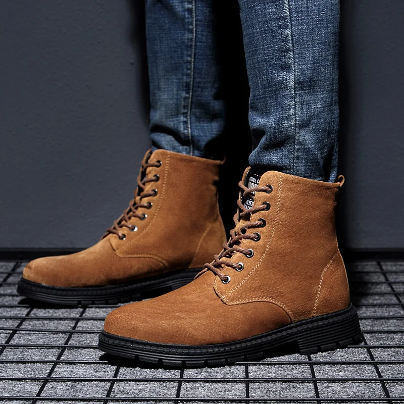 

men ankle Boots casual Winter plush warm New Basic snow Boots Lace-up Rivets Fashion Boot Brand design genuine leather Boots Men