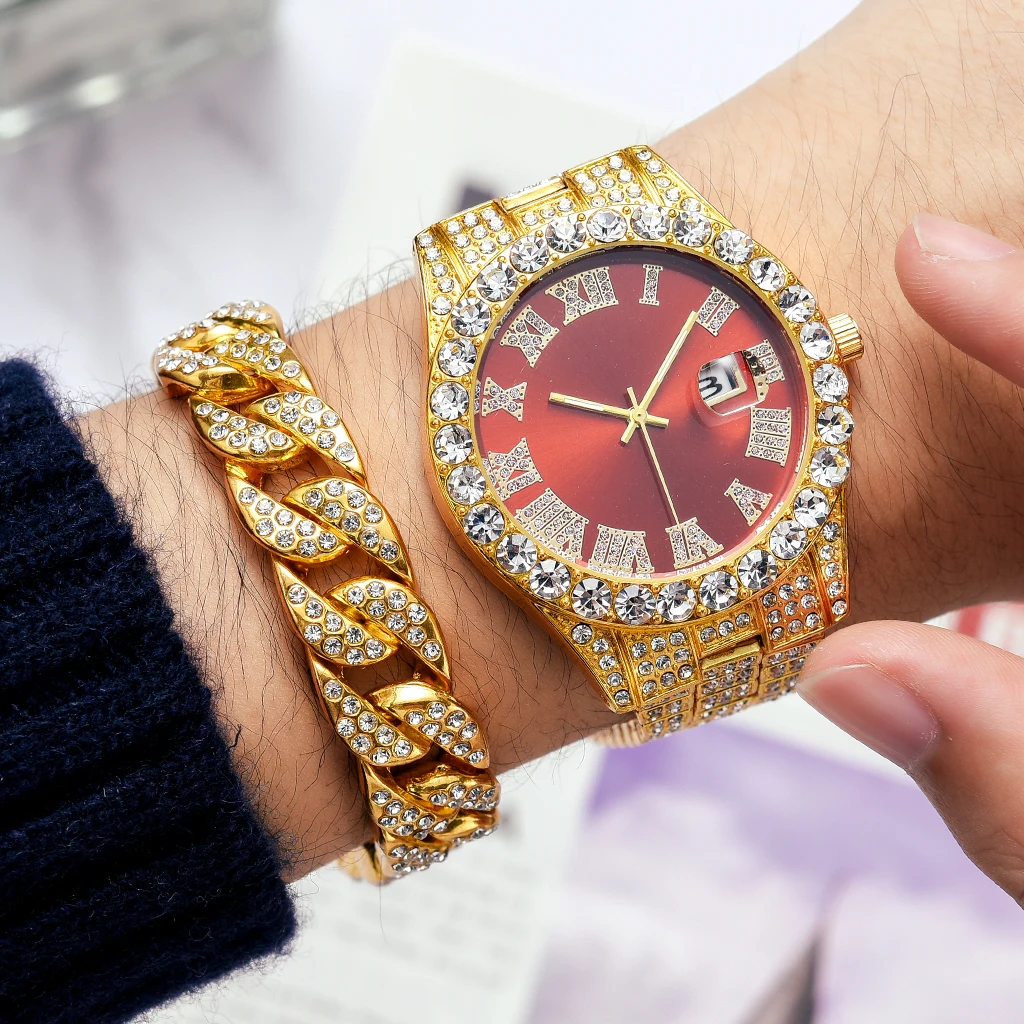 2 Pcs Watch+bracelet Hip Hop Stainless Steel Gold Color Calendar Watch For Men Iced Out Paved Rhinestones Men Watch Reloj Hombre 