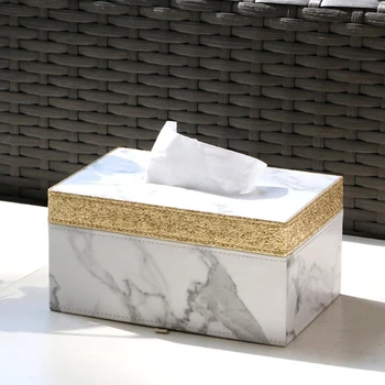 

PU Marble Golden Rim Tissue Box Desktop Washroom Paper Towel Holder Napkin Storage Container Home Office Decor