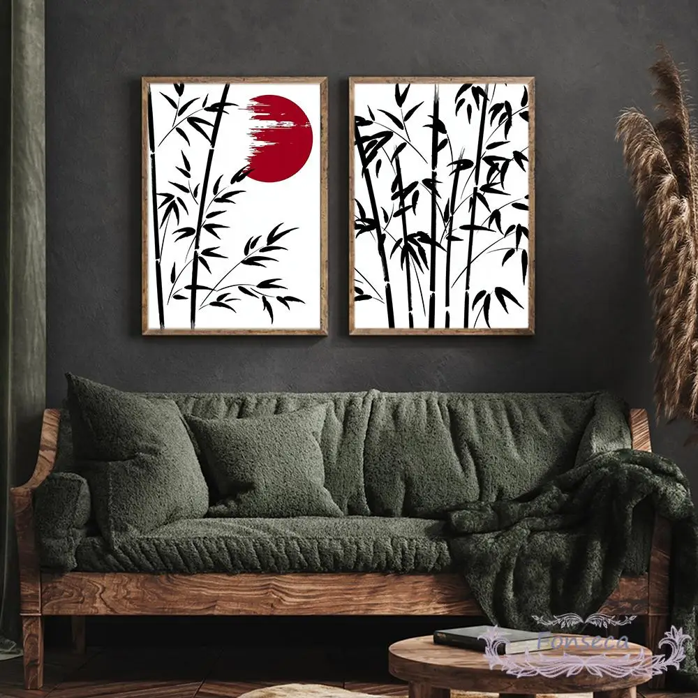 Poster Ad Acquerello In Stile Cinese Red Rising Sun Black Bamboo Leaf Canvas Painting Nature Artistic Picture On The Wall For Room