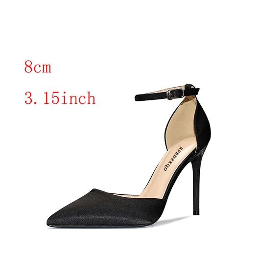 Black 8cm Очень черные туфли-лодочки; туфли на высоком каблуке с ремешком на щиколотке; роскошная дизайнерская обувь для женщин; атласная обувь с очень острым носком 8 см; большие размеры 10, 42 - Цвет: Black 8cm