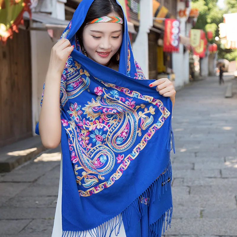  HanXi Ethnic Women Scarf Faux Cashmere Tassel Blankets Shawl Retro Embroidery Handkerchief Winter P