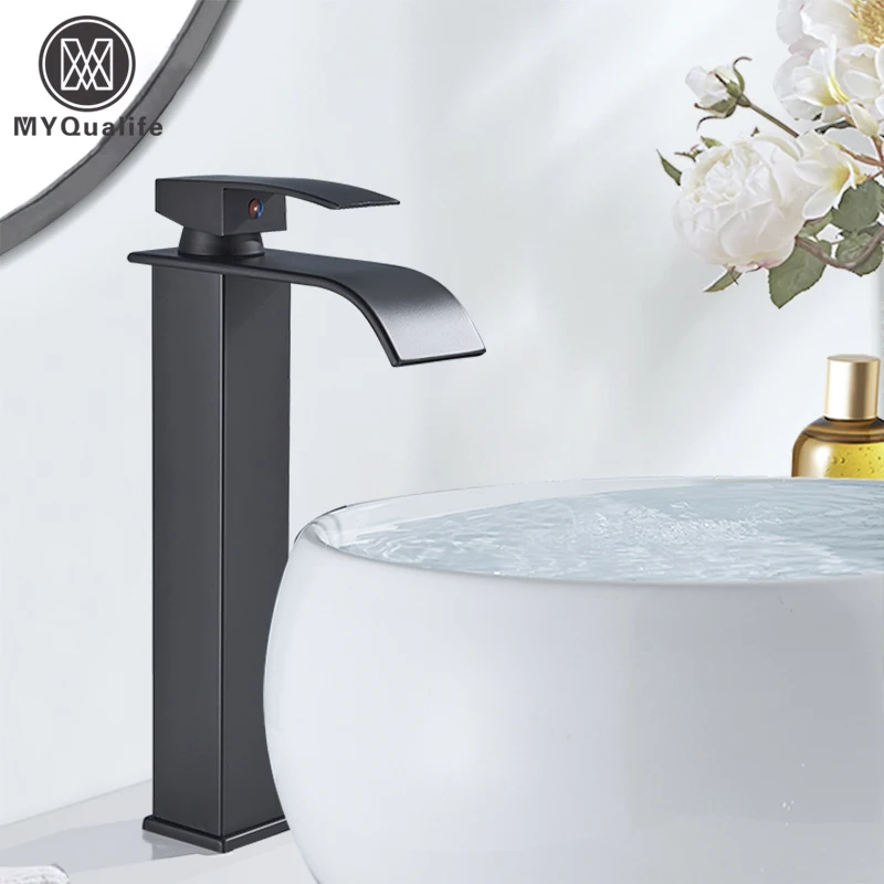 Square Chrome and Black  Waterfall Basin Sink Faucet Bathroom Mixer Tap Wide Spout Vessel Sink Fauet Hot Cold Water Tap