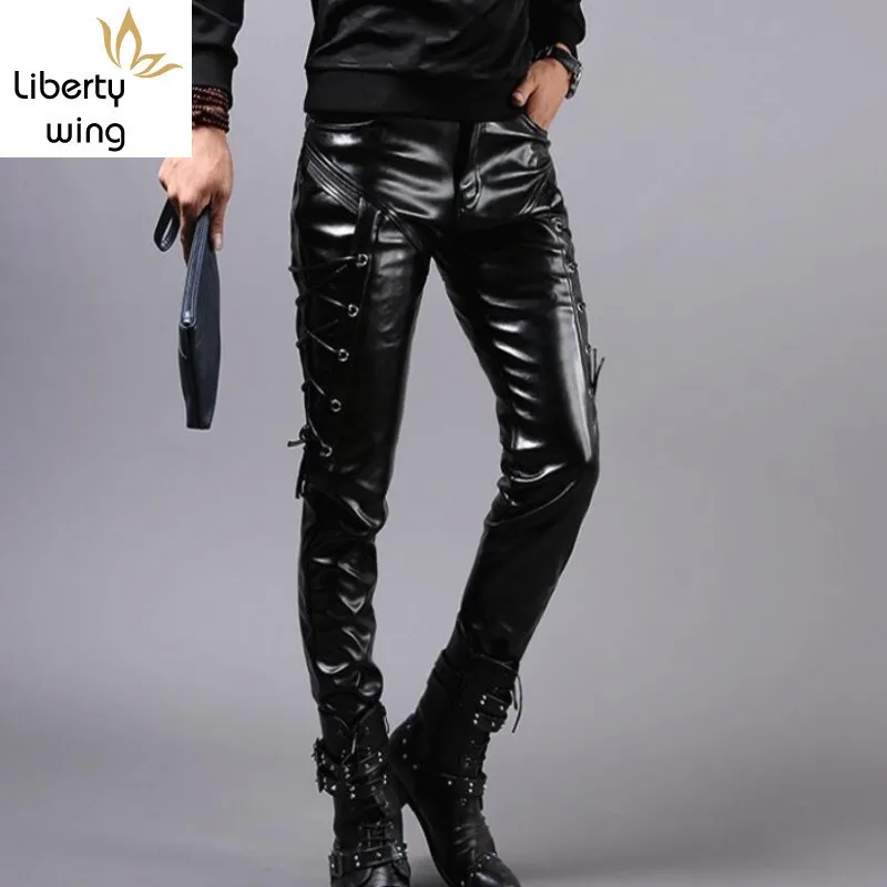 

Brand Italy Design Mens Cool Motorcycle Skinny Black Slim Fit Straight Pants Pantalon Homme Faux PU Leather