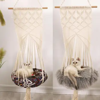 

Boho Style Cat Swing Cage Bed Handmade Hanging Sleep Chair Seats Tassel CatsToy Cotton Rope Macrame Tassel House Pets Supplies