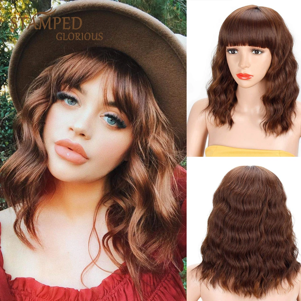 

Stamped Glorious Mixed Brown and Blonde Bob Wig With Bangs Synthetic Wigs for Women Crossdressing Party Cosplay Wig