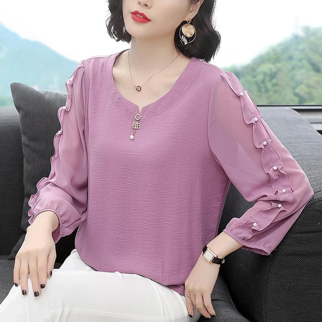 Women Spring Summer Style Chiffon Blouses Shirts Lady Casual Long Sleeve  O-neck Pink Color Chiffon Blusas Tops Df3123 - Women Blouse - AliExpress