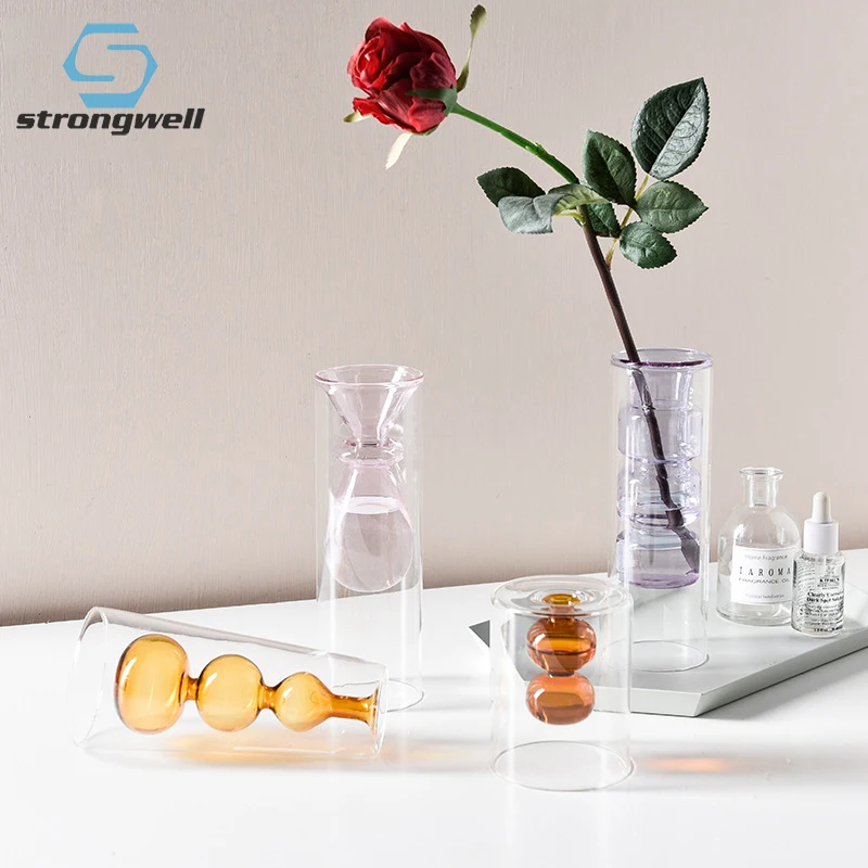 Strongwell Nordic Minimalist Double Stained Glass Vase Creative Transparent Hydroponic FlowerVase Desktop Decoration Personalize | Дом и сад