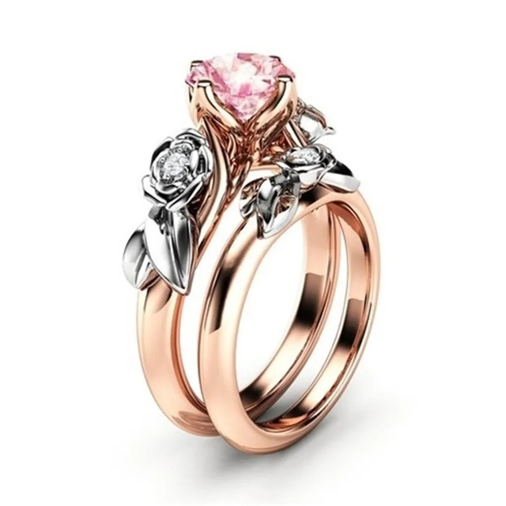 

Linmouge New Cople Ring Pink Flower With Zirconia Trendy Wedding Elegant Rose Gold Color Jewelry Female Jewelry Accessories RF26
