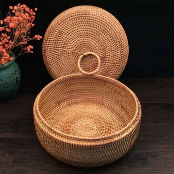 

Autumn Rattan Weave Fruit Basket Round Organizers Box Dried Fruit Candy Snacks Dessert Food Storage Container with Lid