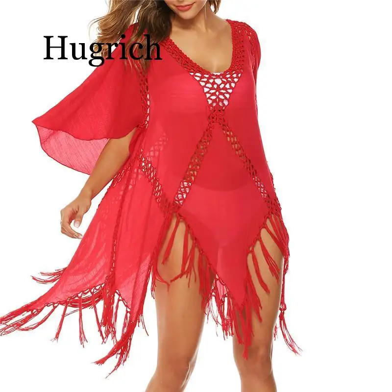 

Sexy Cover Up Swimwear Beach Dress Sheer Bathing Suit Cover Ups Robe De Plage Beach Wear Red Tassel Tunic Sleeve V Neck Cover-up