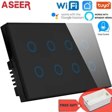 Aseer 1/2/3/4/8 gang interruptor de parede inteligente wifi, interruptor de luz sem fio de vidro de cristal, tuya app wifi interruptor remoto, com google alexa