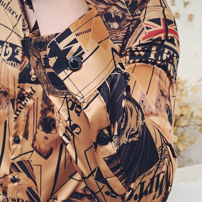 Мужская рубашка с принтом золотых газет, с длинным рукавом, Camisa Masculina, рубашки, мужская одежда, осенняя рубашка, домашняя рубашка с цветочным принтом для мужчин