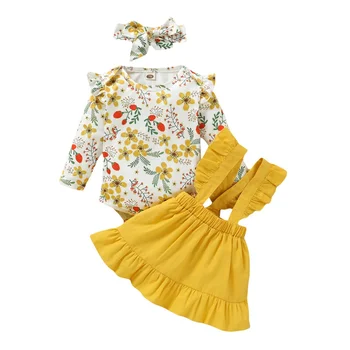 

Kid Casual Clothing Set Lace Cotton Blend 3Pcs Baby Toddler Girls Kids Overalls Skirt +Headband+Romper Clothes Outfits 1-6Y
