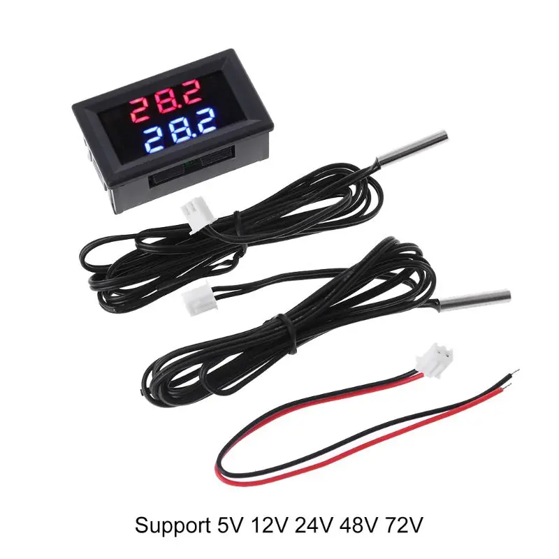 Dual Display DC 5V-80V Thermometer w 2 NTC Waterproof Temperature Sensor 12V 24V 72V Car Motorcycle