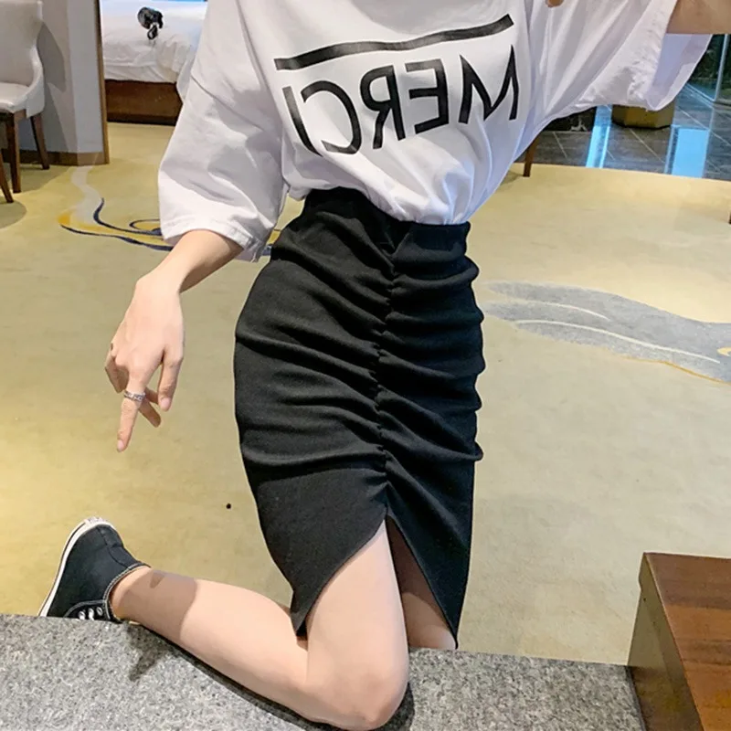 Women High Waist Irregular Skirt Wrap Asymmetric Drape Ruched Skirt Party Office Side Split Slit Midi Skirt M