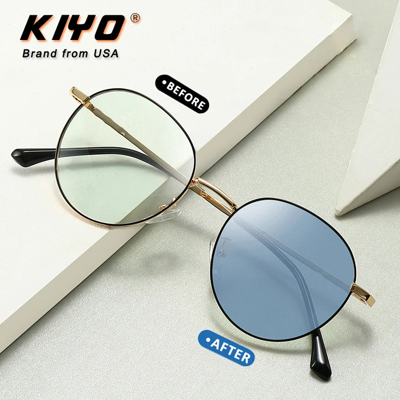 KIYO Brand 2021 New Women Men Round Anti-Blue Light Photochromic Sunglasses Metal Fashion Sun Glasses UV400 Sport Eyewear  9663