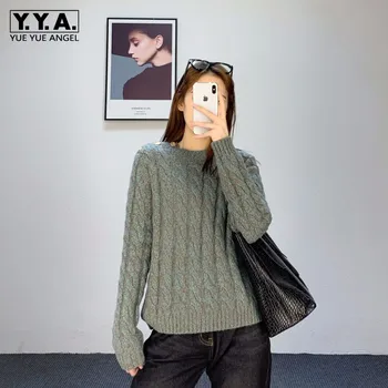 

Fashion Twist Weave Short Wool Sweater Women Streetwear Round Neck Long Sleeve Pullover Autumn Winter Slim Knitting Sweaters