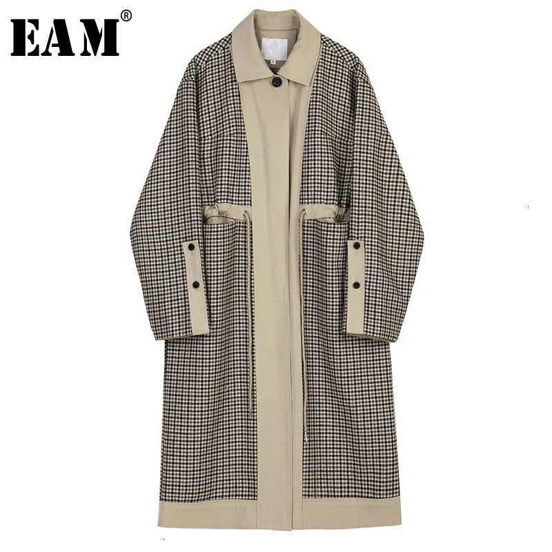

[EAM] Women Plaid Split Joint Big Size Long Trench New Lapel Long Sleeve Loose Fit Windbreaker Fashion Autumn Winter 2019 1H390