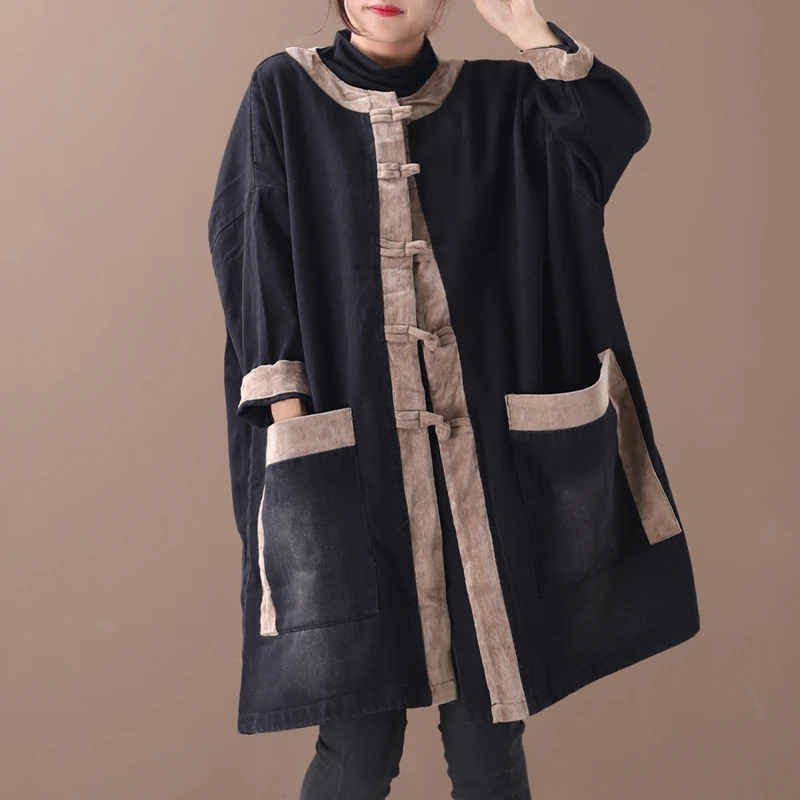 

Female new autumn and winter plus plus size outerwear literary button stitching color washed do-old loose denim trench