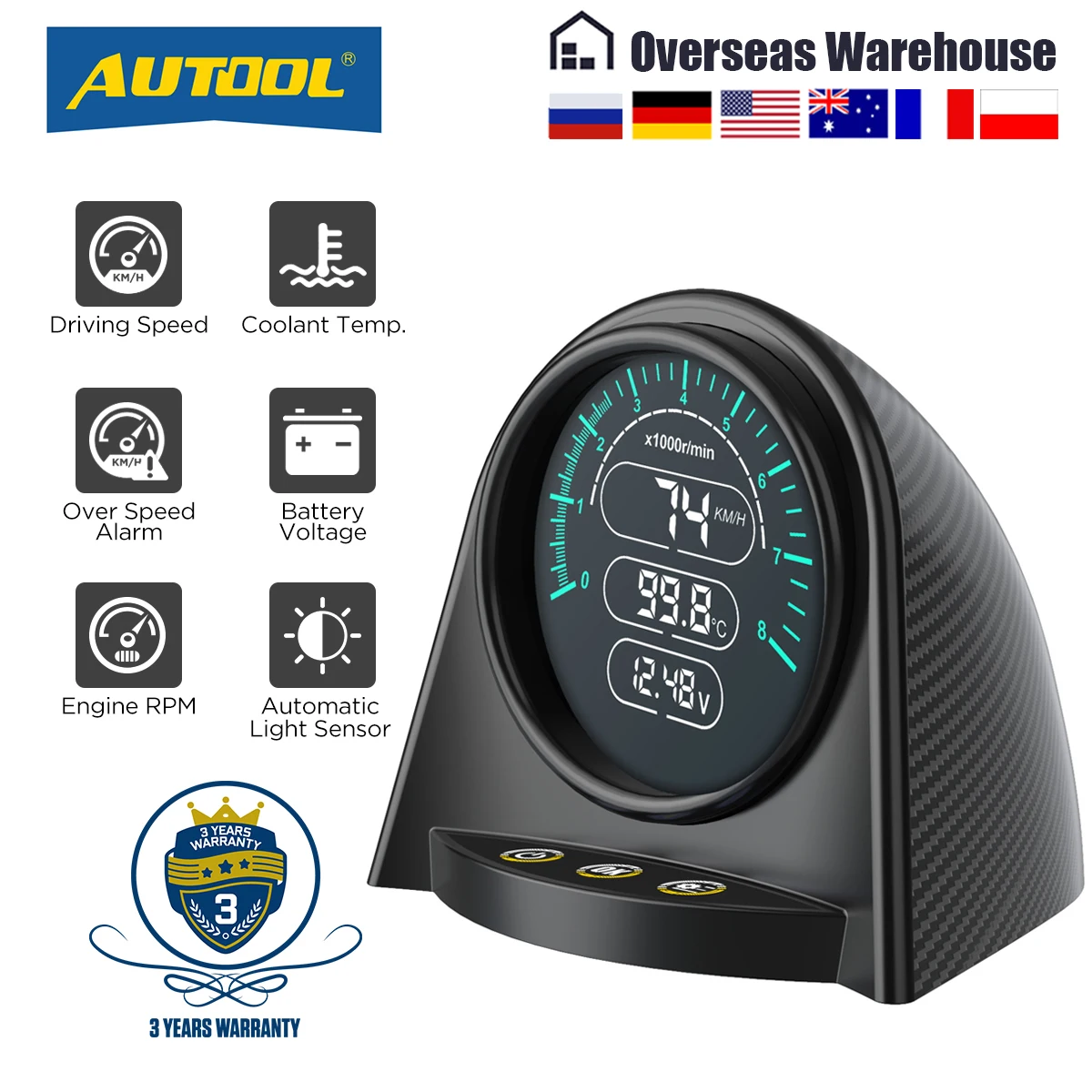 AUTOOL X70 OBD HUD измеритель об/мин двигателя/температура охлаждающей жидкости/батарея