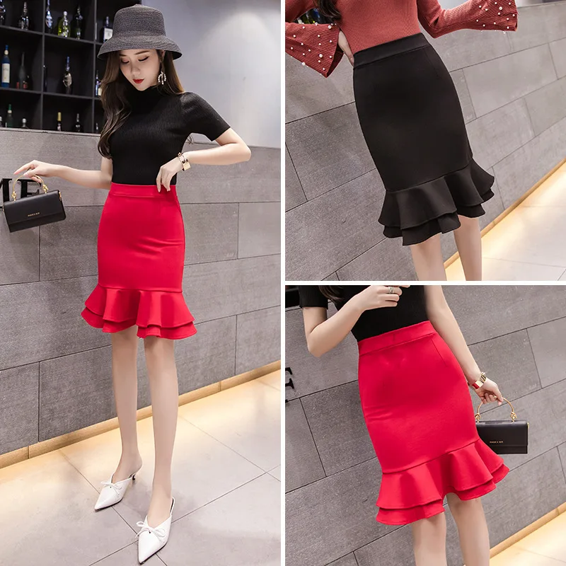 

2019 Spring And Summer New Style Korean-style Fishtail Skirt Skirt Double Layer Flounced Hem Women's Business One-step Skirt