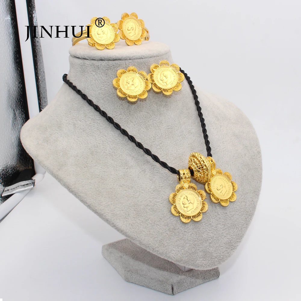 Ethiopian gold jewelry sets 24k Big Coin Pendant Necklace Earring Ring Dubai gifts for women African Eritrea wedding bridal set