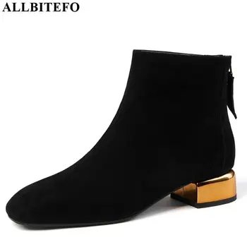 

ALLBITEFO gold heel genuine leather square toe women boots high quality low-heeled ankle boots for women winter leather boots