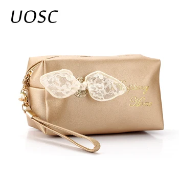 

UOSC Lace Bow Design Cosmetic Bags Women Daily Use Cute Makeup Bag For Girls Fashion Bow-Knot Female Zipper Cosmetics Bag