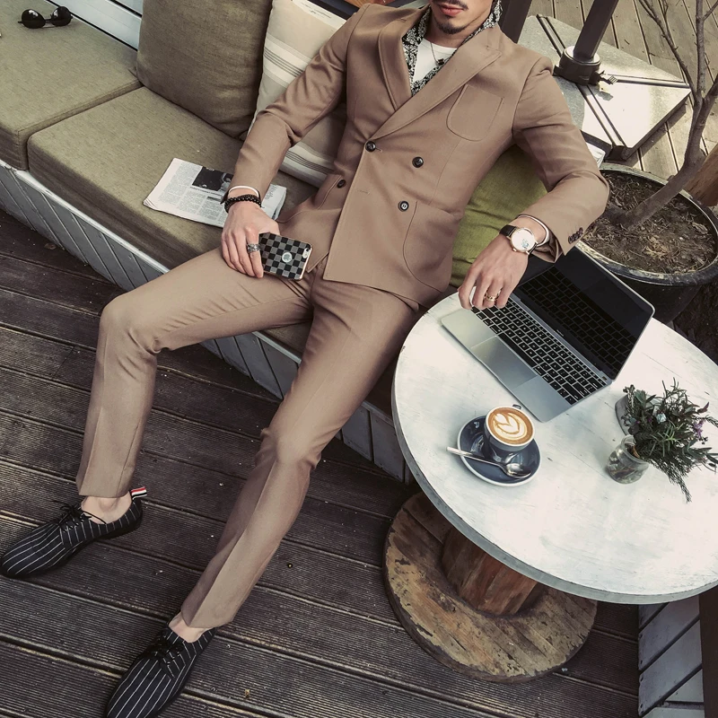

2020 2pcs Men Suits Slim Fit Green Double Breasted Tuxedo Prom Suits Custom Groom Masculino Jacket+Pant Suits