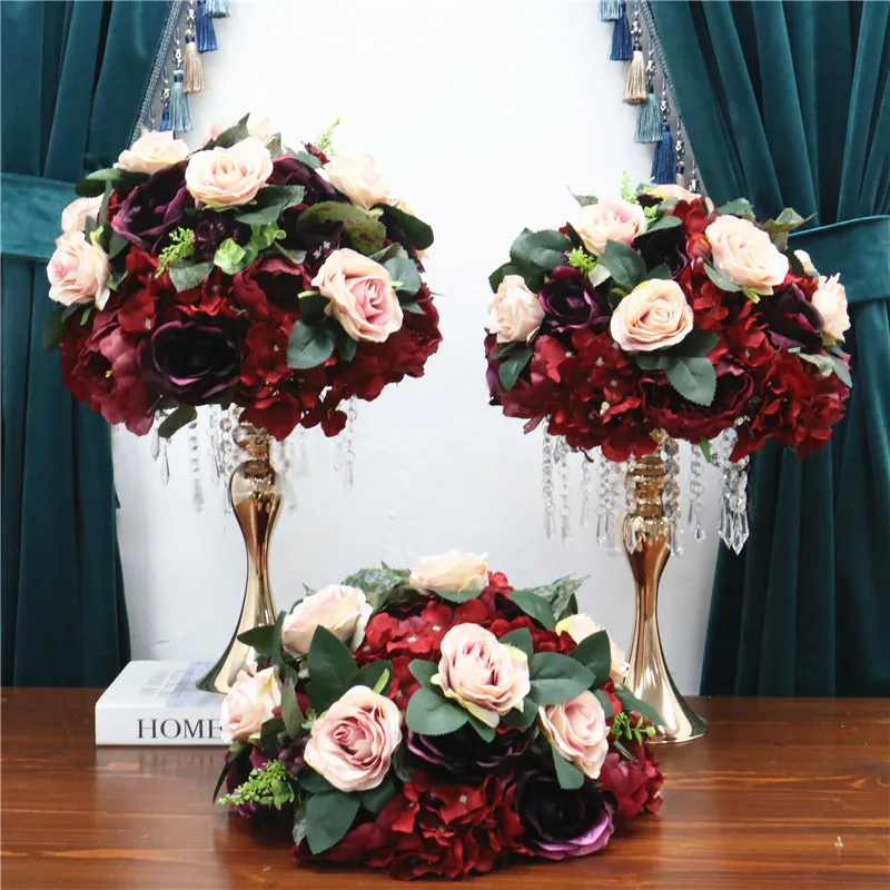 35/45/50 см DIY бургундское вино красный искусственный цветок мяч на середине стола, Свадебный декор вечерние ряд цветов на Рождество