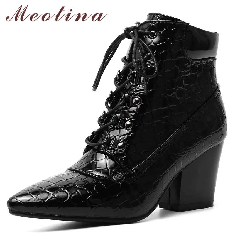 

Meotina Women Boots Winter Ankle Boots Lace Up Chunky High Heel Short Boots PU Leather Pointed Toe Shoes Lady Autumn Size 34-43